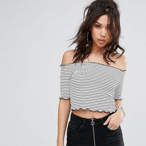 Prettylittlething Bardot Stripe Off Shoulder Top